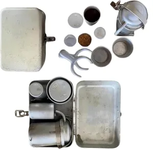 Extra RARE Vintage Collectors Camping Coffee Kit Ultralight Portable Pour Over Coffee Maker for Camping, Hiking Travel Stainless Steel Brewing System with Enamelware Cups