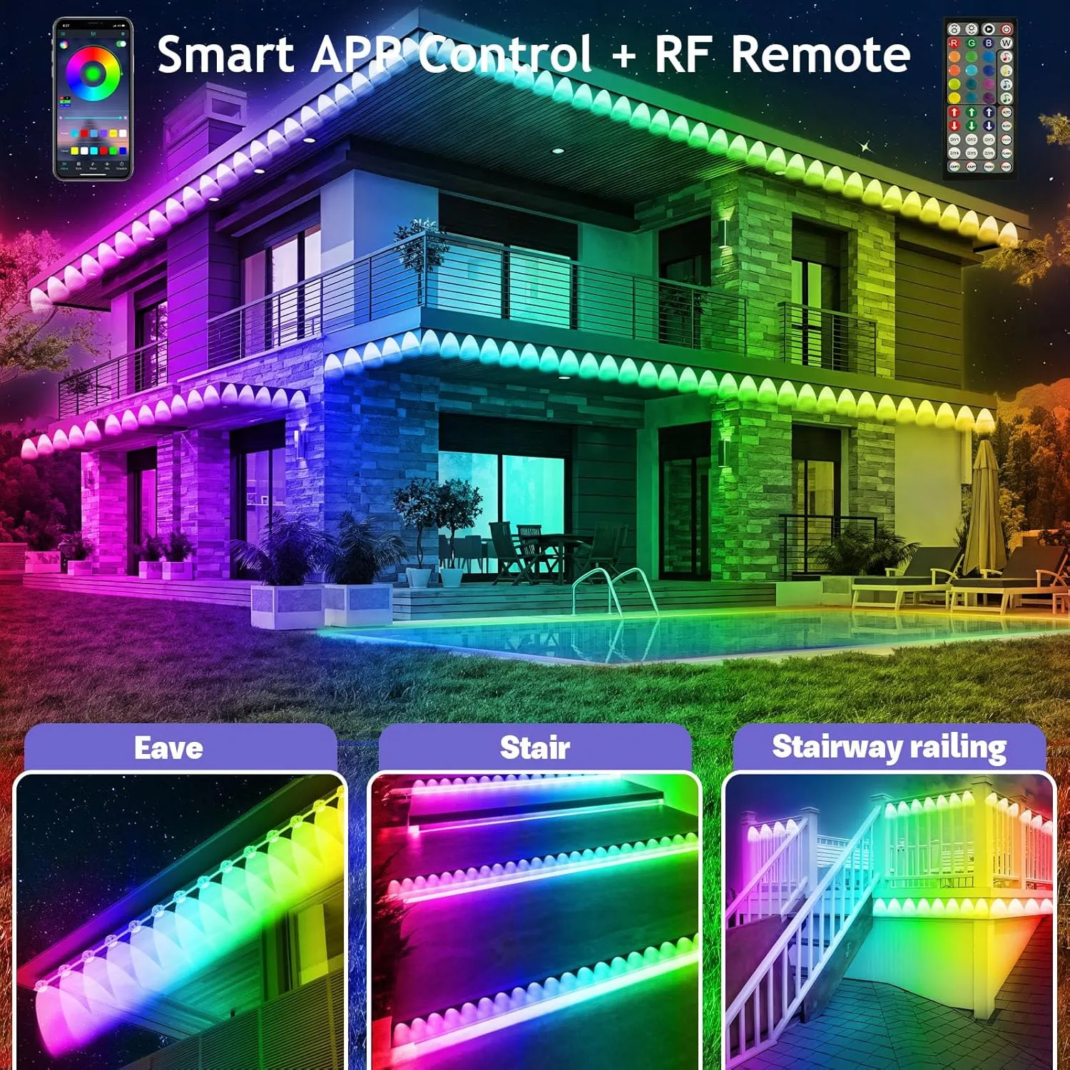 FBZ 150FT Permanent Outdoor RGB Lights - IP67 Waterproof with Smart App Control Remote, DIY Scene Modes, Music Synchronization, Eaves Lights for Garden Decor, Deck, Christmas