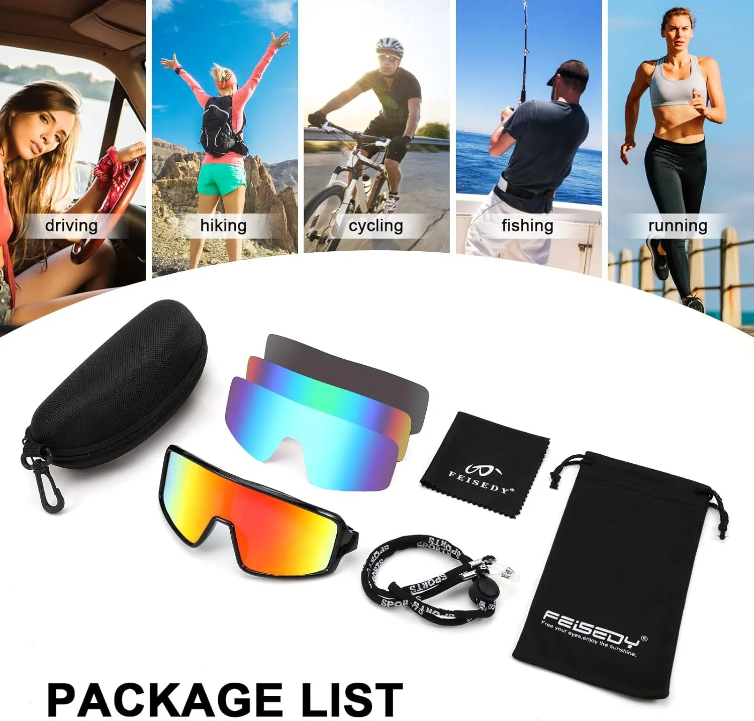 FEISEDY Men Women Sports Sunglasses Baseball Sun Glasses Cycling Fishing Running Trekking 80s 90s Youth Visor UV400 B2962