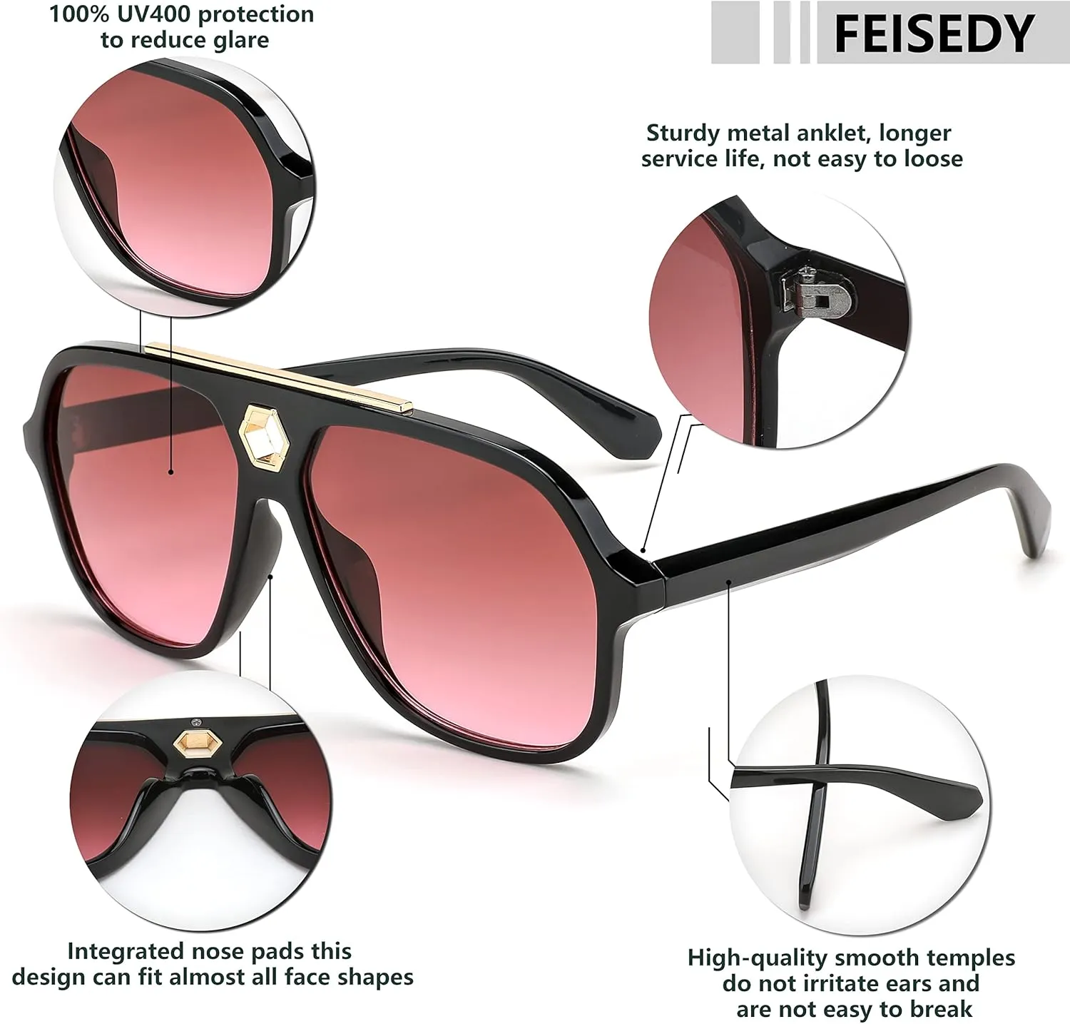 FEISEDY Retro Square 70s Sunglasses for Women Men Vintage Trendy Aviator Sun Glasses B2913