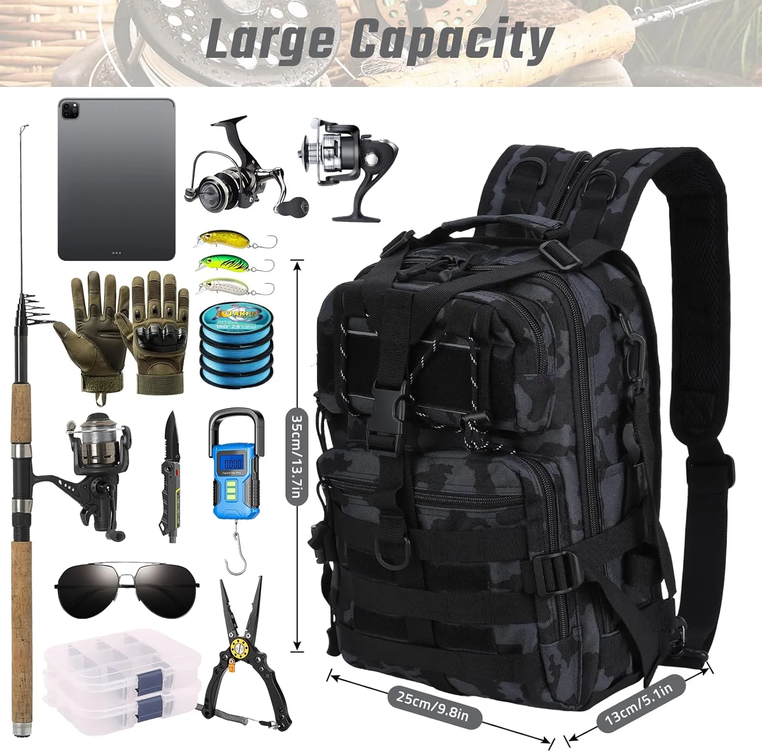 Fishing Tackle Backpack, Military Tactical Backpack Tactical Sling Pouch Fishing Tackle Storage Bag Fish Gear Bag Molle Assault Pack Tactical Hiking Rucksack (Blue)