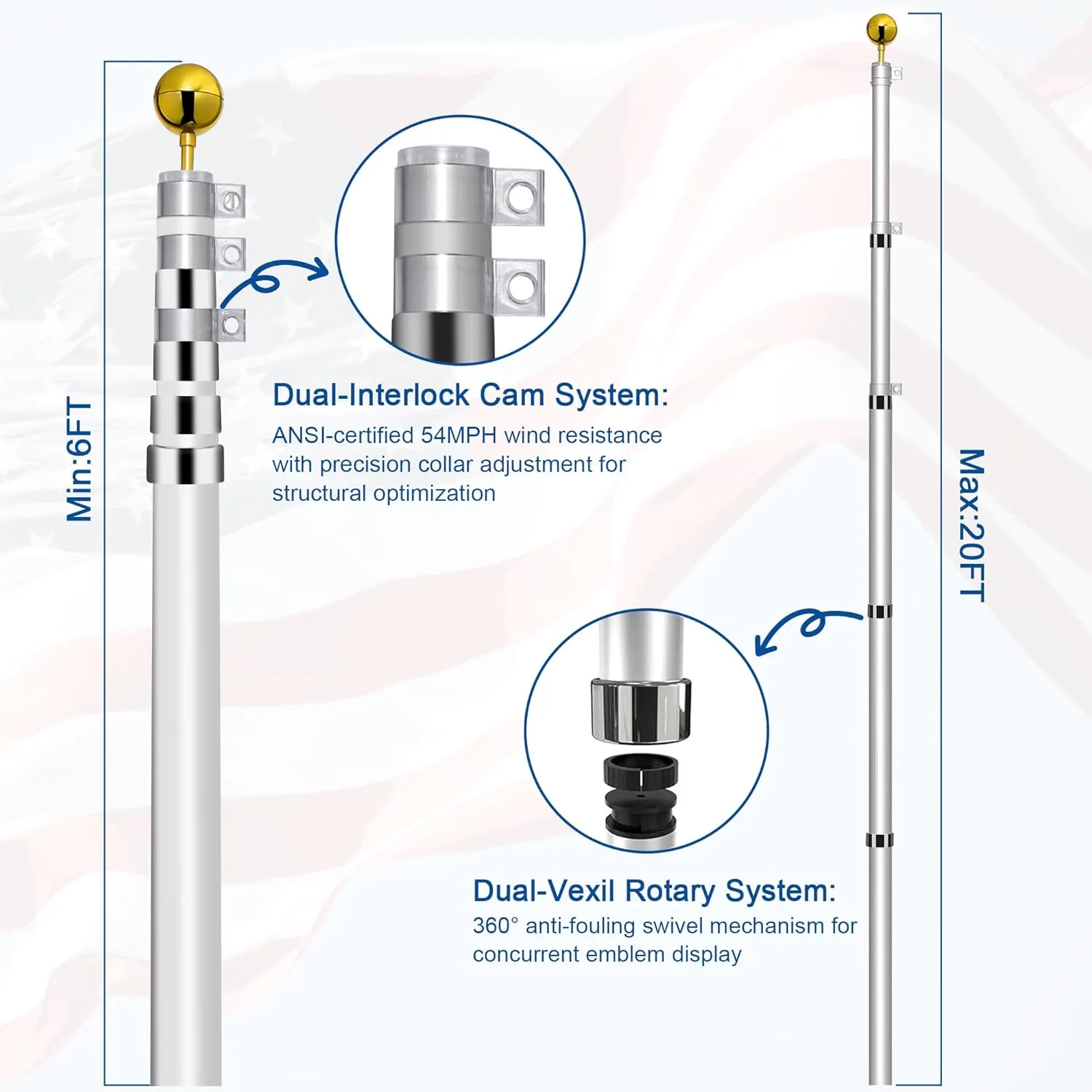Flag Pole for Outside House In Ground, 20FT Telescopic Flagpole Kit for Yard, Adjustable Extra Thick Aluminum Heavy Duty Flag Poles with 3x5 American Flag for Residential or Commercial