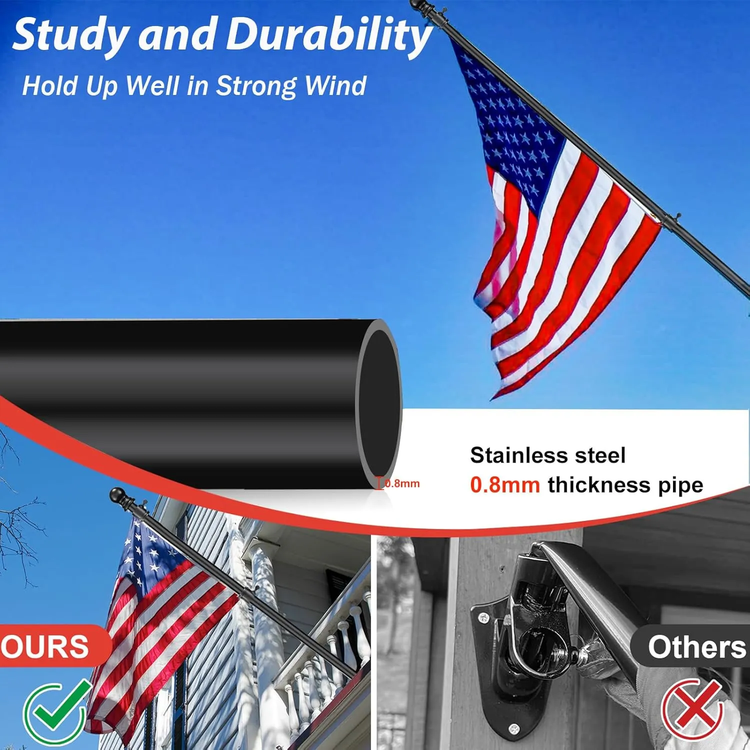 Flag Pole - Upgraded Bracket Holder,6 FT Heavy Duty Stainless Steel Flagpole for Outside House,Tangle Free Spinning Flag Pole Kit Wall Mount for Residential Commercial Outdoor Porch,Black