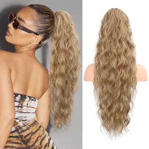 Flufymooz Ponytail Extension, 26 Inch Drawstring Ponytail Hair Extensions for Women， Long Curly Wavy Pony Tail Natural Wavy Synthetic Hairpiece for Women Daily Use party (26 Inch Dark Blonde Mixed)