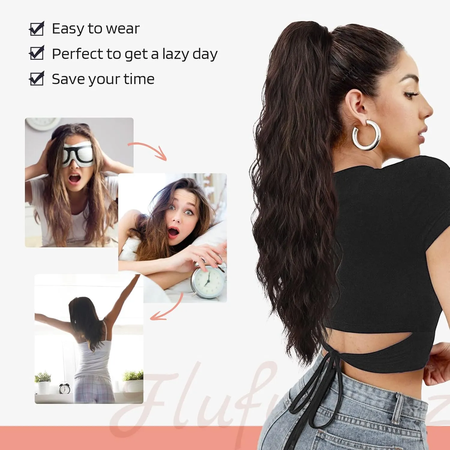 Flufymooz Ponytail Extension, 26 Inch Drawstring Ponytail Hair Extensions for Women， Long Curly Wavy Pony Tail Natural Wavy Synthetic Hairpiece for Women Daily Use party (26 Inch Dark Blonde Mixed)