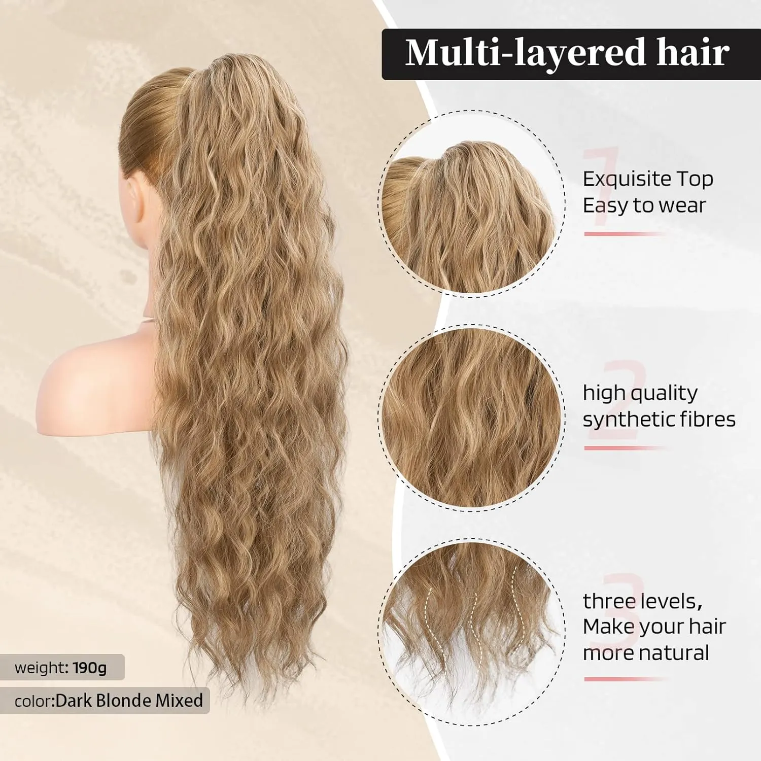 Flufymooz Ponytail Extension, 26 Inch Drawstring Ponytail Hair Extensions for Women， Long Curly Wavy Pony Tail Natural Wavy Synthetic Hairpiece for Women Daily Use party (26 Inch Dark Blonde Mixed)