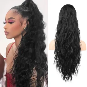 Flufymooz Ponytail Extension, 26 Inch Drawstring Ponytail Hair Extensions for Women， Long Curly Wavy Pony Tail Natural Wavy Synthetic Hairpiece for Women Daily Use party ((26 Inch Natural Black)