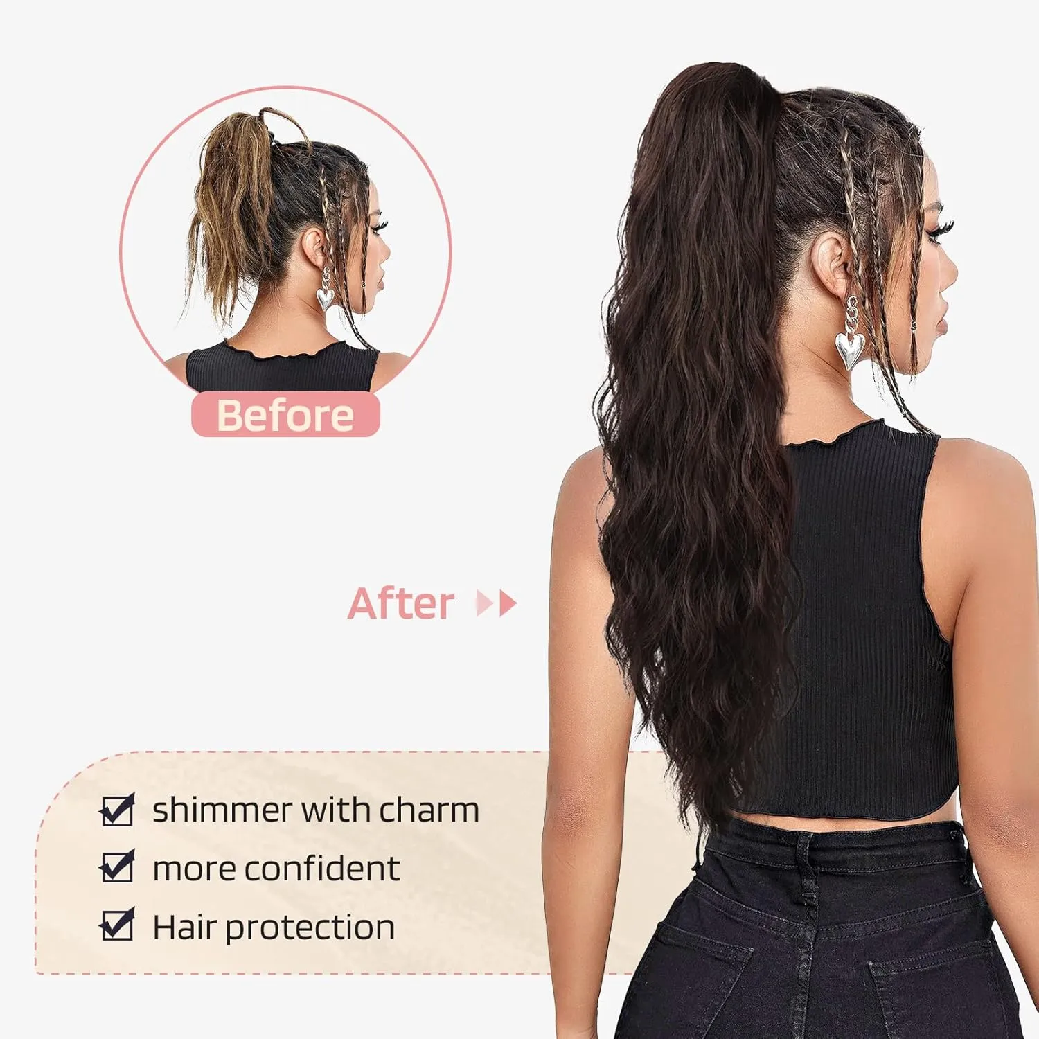 Flufymooz Ponytail Extension, 26 Inch Drawstring Ponytail Hair Extensions for Women， Long Curly Wavy Pony Tail Natural Wavy Synthetic Hairpiece for Women Daily Use party ((26 Inch Natural Black)