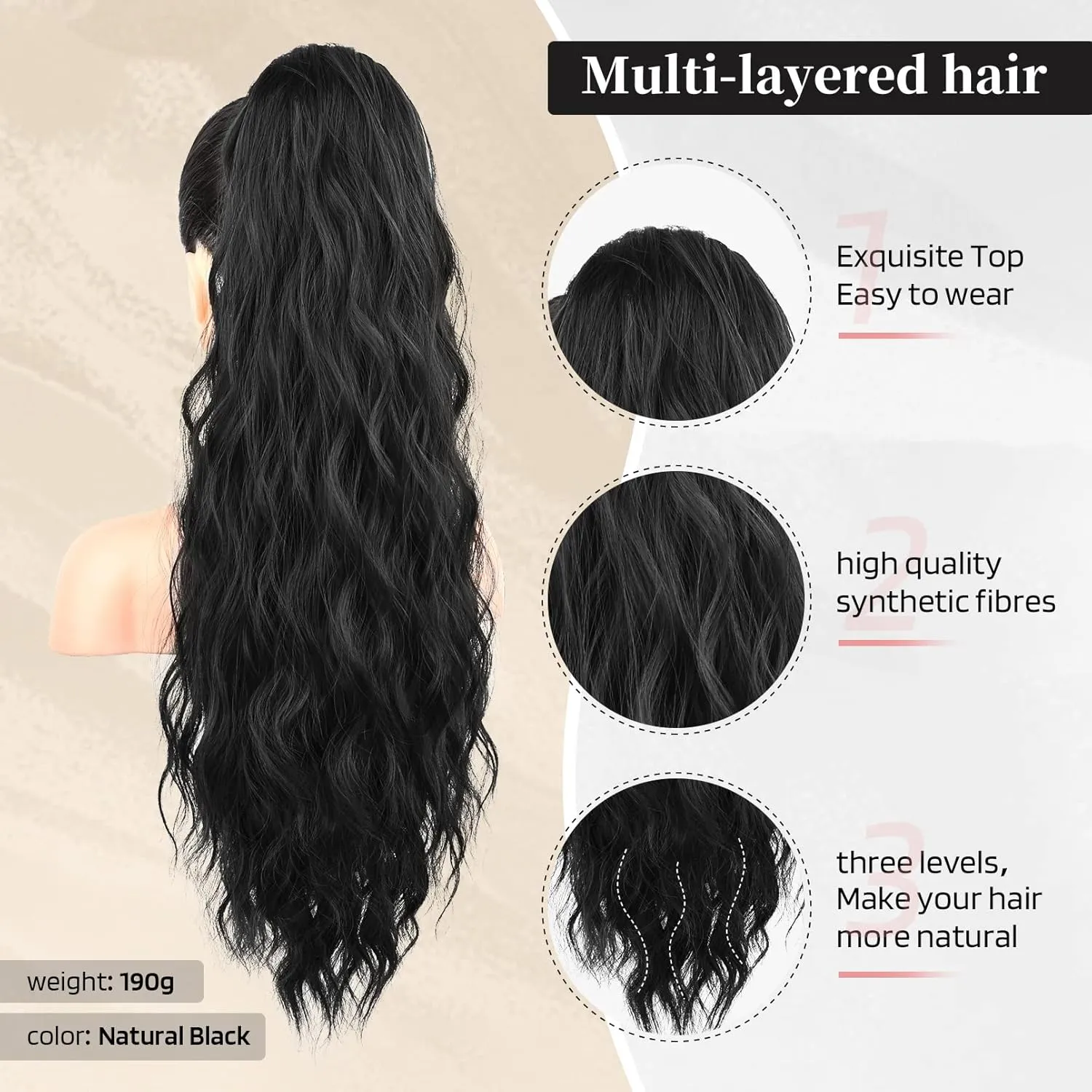 Flufymooz Ponytail Extension, 26 Inch Drawstring Ponytail Hair Extensions for Women， Long Curly Wavy Pony Tail Natural Wavy Synthetic Hairpiece for Women Daily Use party ((26 Inch Natural Black)