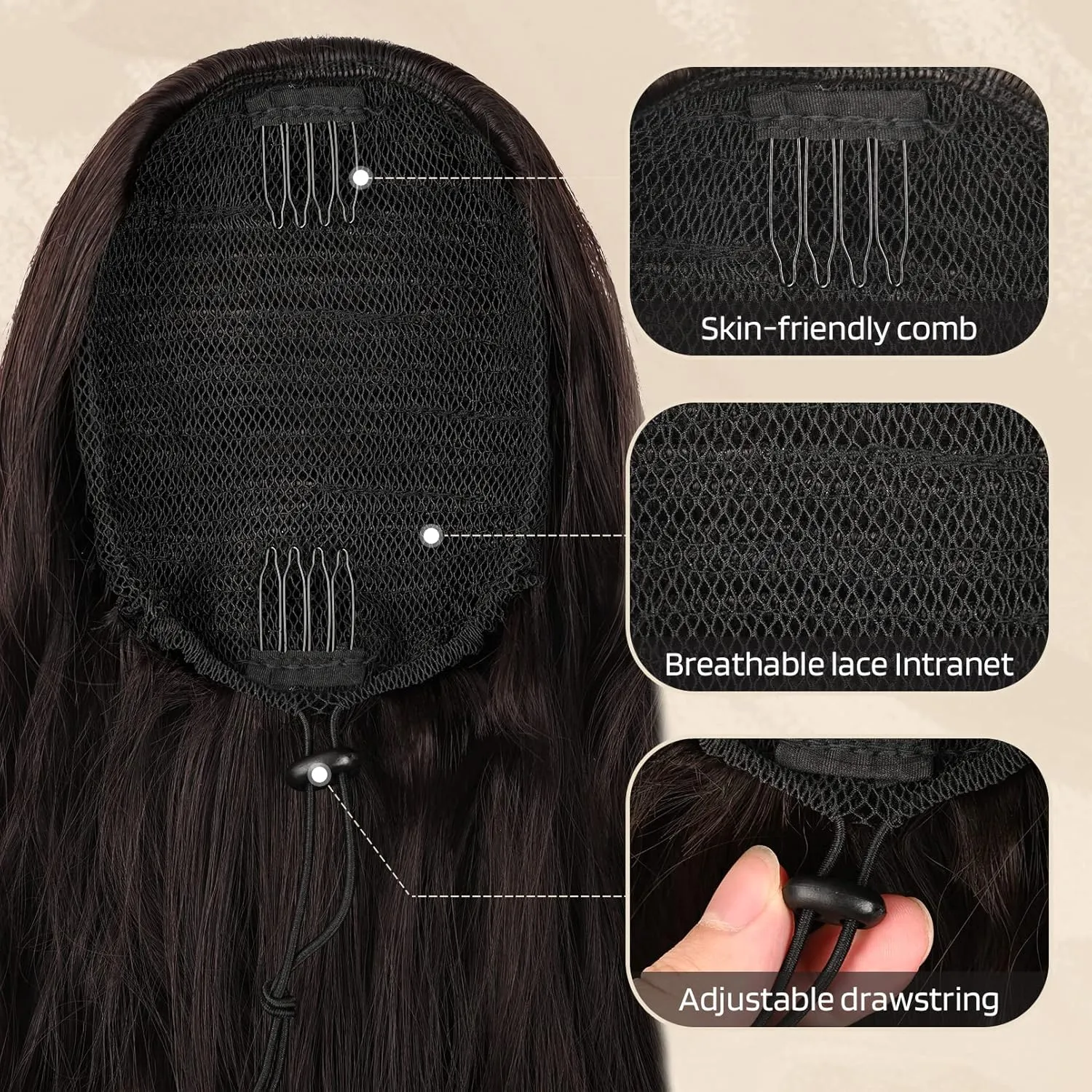 Flufymooz Ponytail Extension, 26 Inch Drawstring Ponytail Hair Extensions for Women， Long Curly Wavy Pony Tail Natural Wavy Synthetic Hairpiece for Women Daily Use party ((26 Inch Natural Black)
