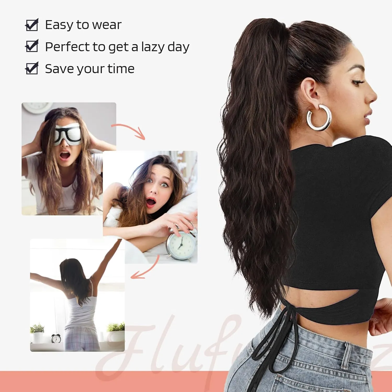 Flufymooz Ponytail Extension, 26 Inch Drawstring Ponytail Hair Extensions for Women， Long Curly Wavy Pony Tail Natural Wavy Synthetic Hairpiece for Women Daily Use party ((26 Inch Natural Black)