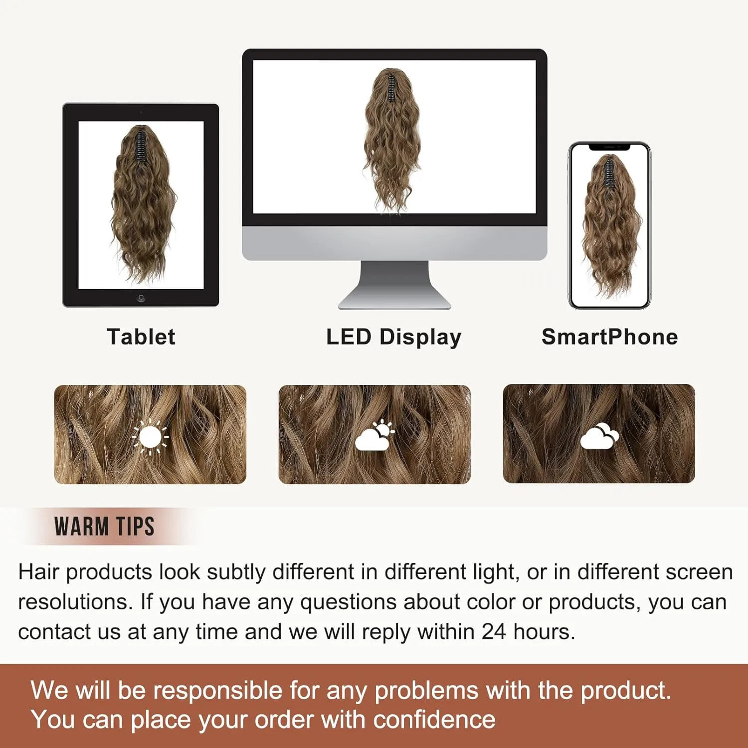 FLUFYMOOZ Wavy Curly Claw Clip Ponytail Extension, 18 Inch Natural Synthetic Hairpiece with Highlights
