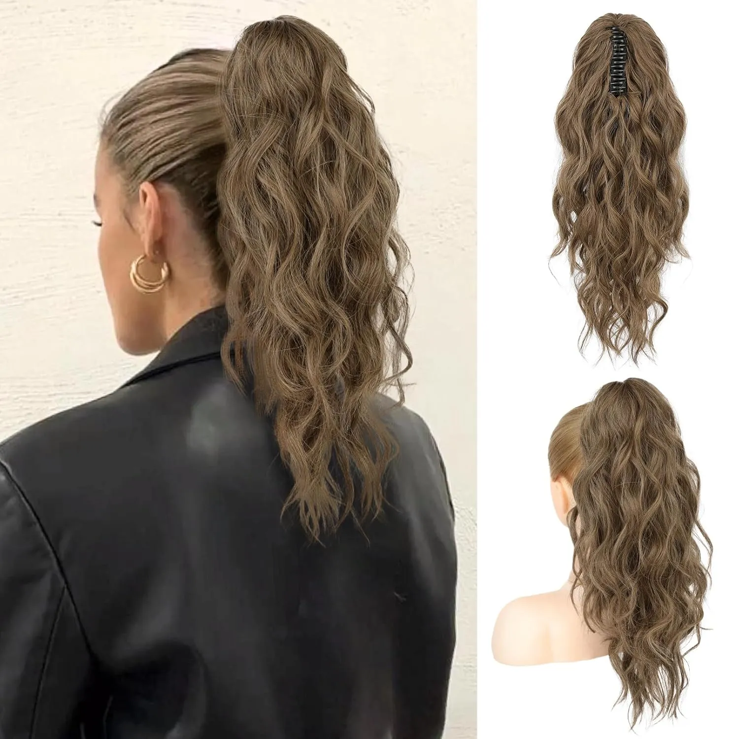 FLUFYMOOZ Wavy Curly Claw Clip Ponytail Extension, 18 Inch Natural Synthetic Hairpiece with Highlights