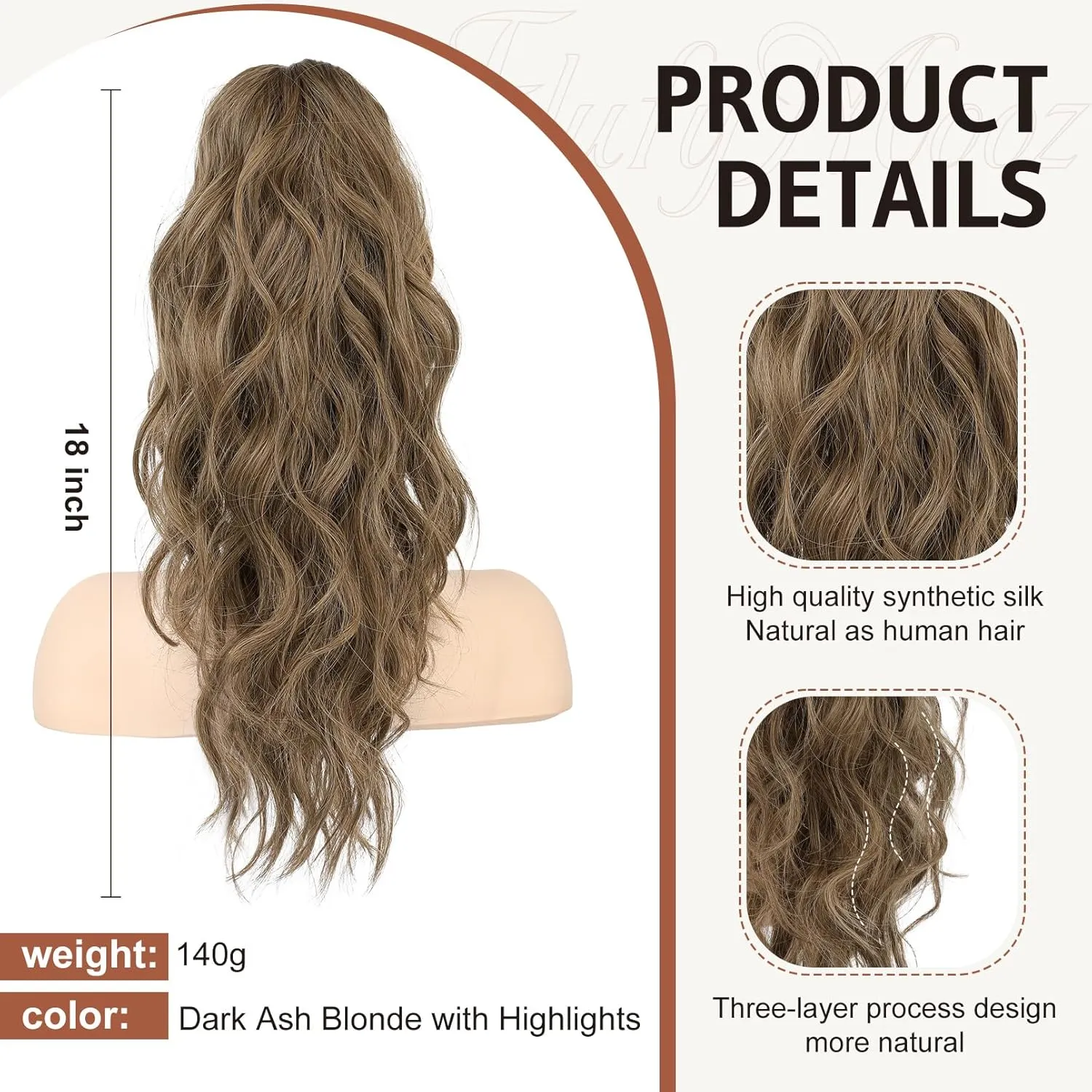 FLUFYMOOZ Wavy Curly Claw Clip Ponytail Extension, 18 Inch Natural Synthetic Hairpiece with Highlights