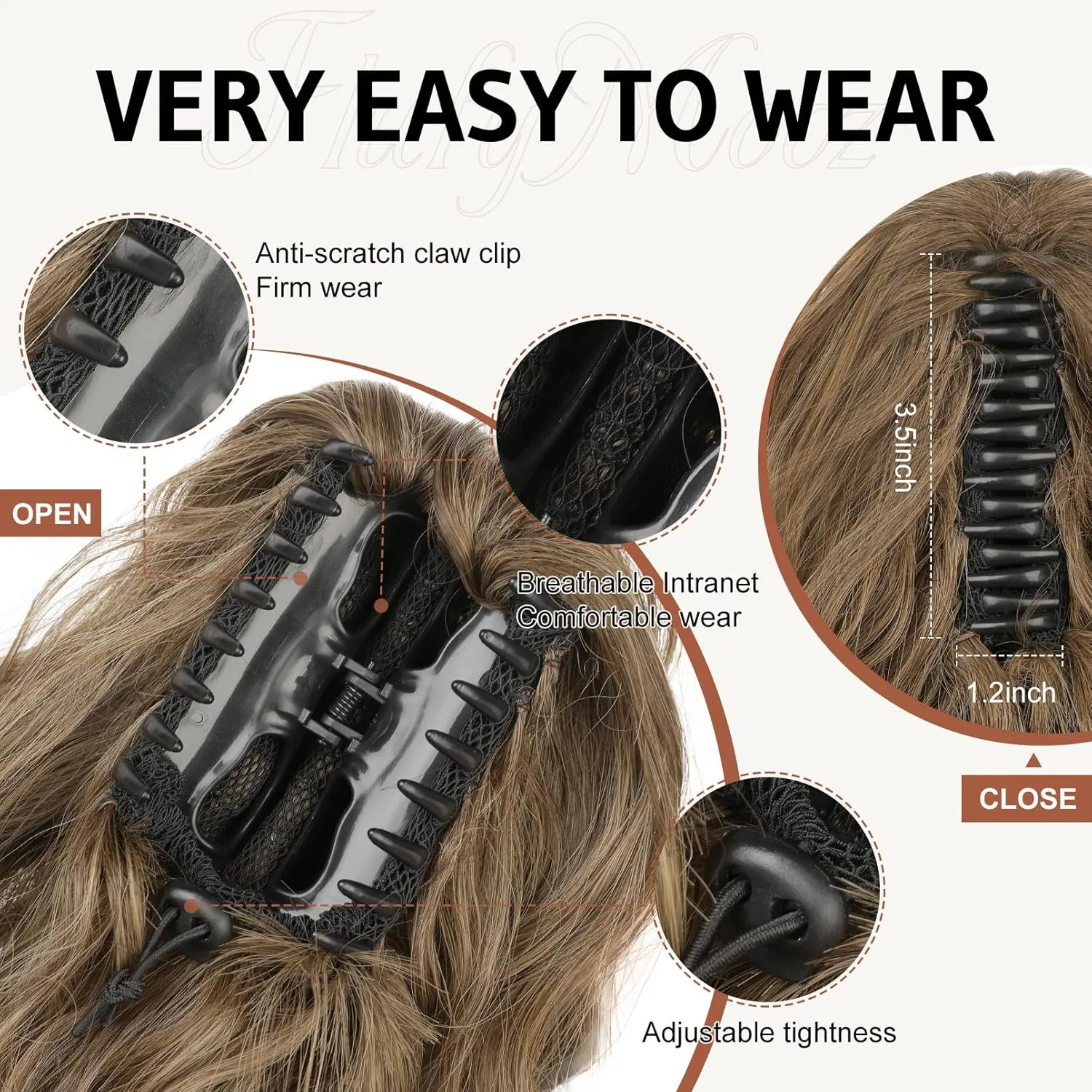 FLUFYMOOZ Wavy Curly Claw Clip Ponytail Extension, 18 Inch Natural Synthetic Hairpiece with Highlights