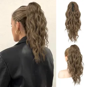 FLUFYMOOZ Wavy Curly Claw Clip Ponytail Extension, 18 Inch Natural Synthetic Hairpiece with Highlights