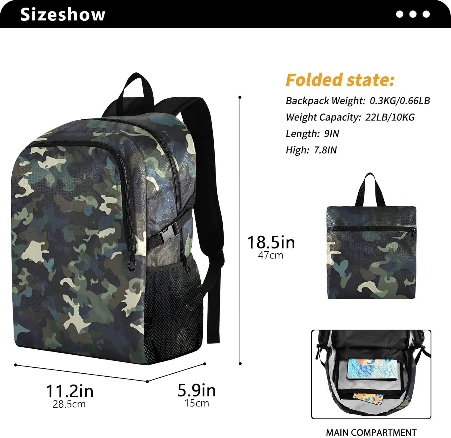 Foldable Hiking Backpack with Camouflage Design - Waterproof Collapsible Daypack for Outdoor Travel, 28.5L Lightweight Packable Backpack Organizes Essentials(11.2x18.5in)