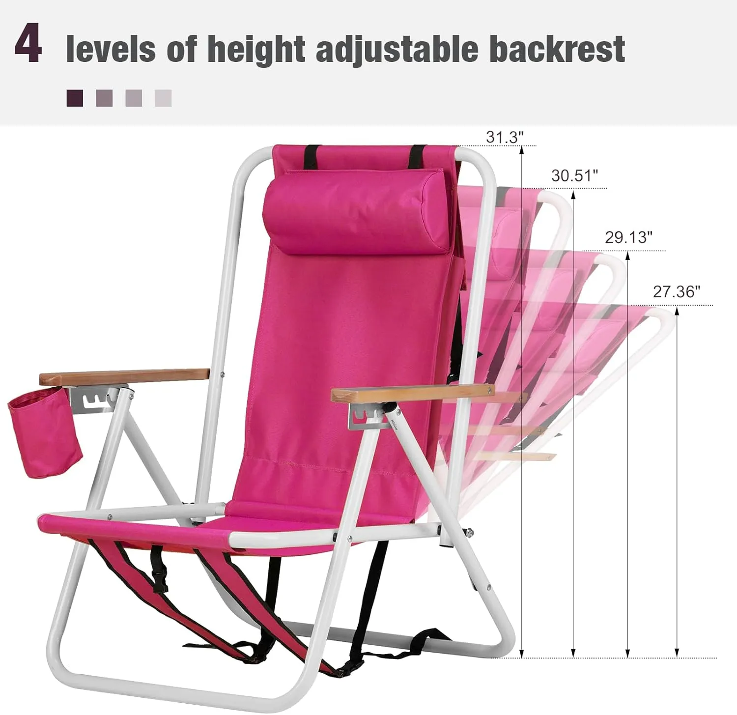 Folding Backpack Beach Chairs - 4 Position Reclining Camping Chairs with Headrest, Cup Holder & Wooden Armrests - Portable Heavy Duty Lounge Chairs for Adults (1, Pink)