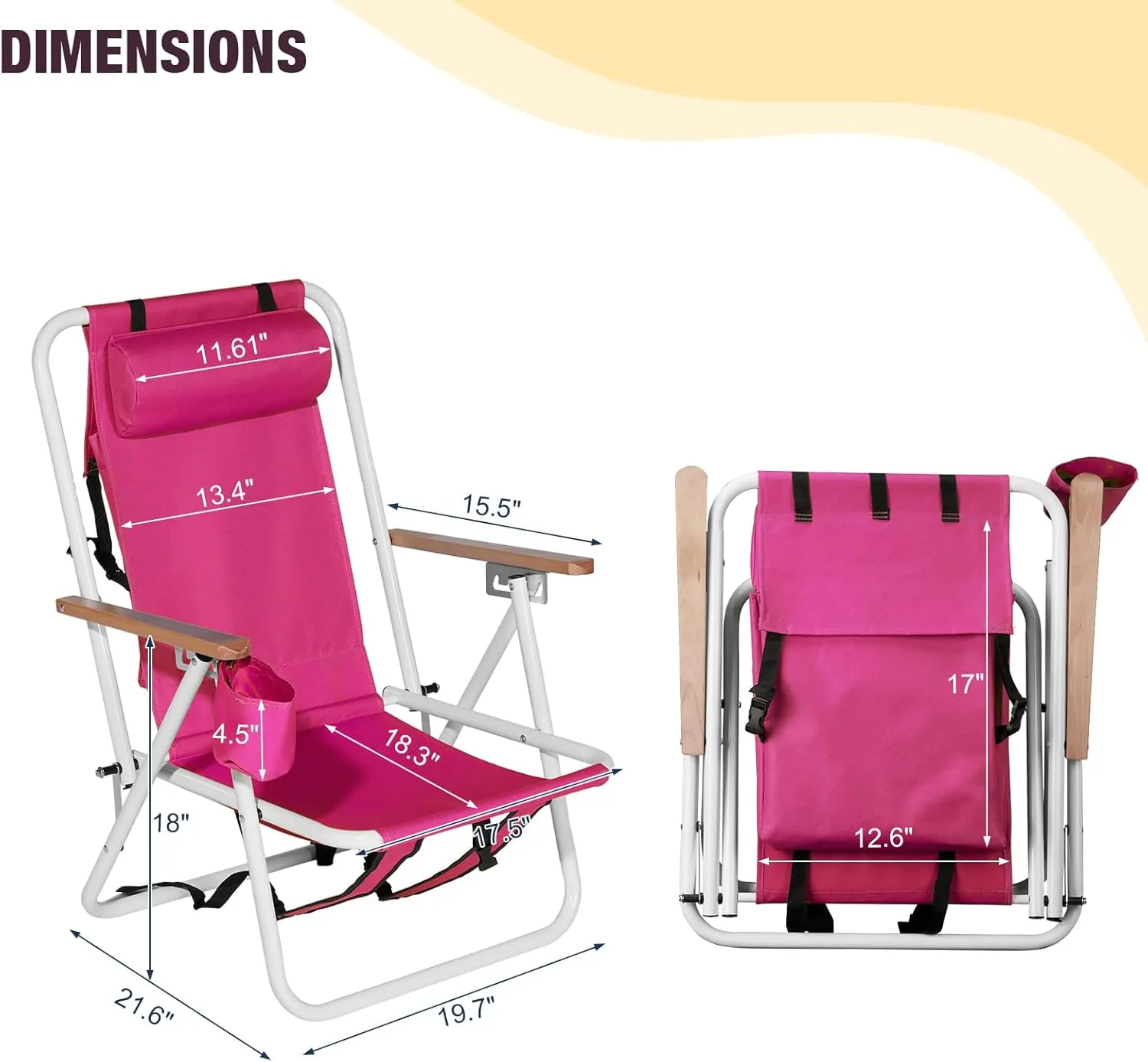 Folding Backpack Beach Chairs - 4 Position Reclining Camping Chairs with Headrest, Cup Holder & Wooden Armrests - Portable Heavy Duty Lounge Chairs for Adults (1, Pink)