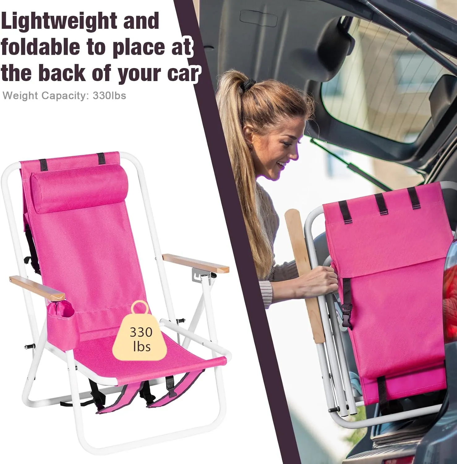 Folding Backpack Beach Chairs - 4 Position Reclining Camping Chairs with Headrest, Cup Holder & Wooden Armrests - Portable Heavy Duty Lounge Chairs for Adults (1, Pink)