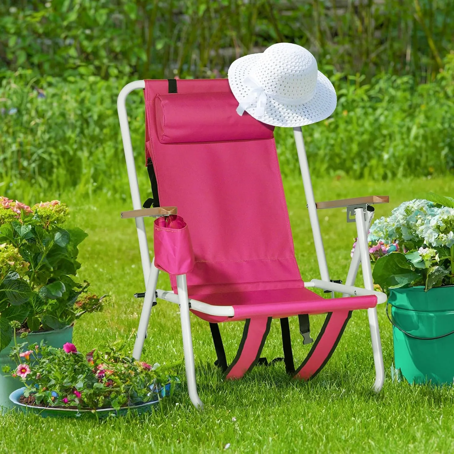 Folding Backpack Beach Chairs - 4 Position Reclining Camping Chairs with Headrest, Cup Holder & Wooden Armrests - Portable Heavy Duty Lounge Chairs for Adults (1, Pink)