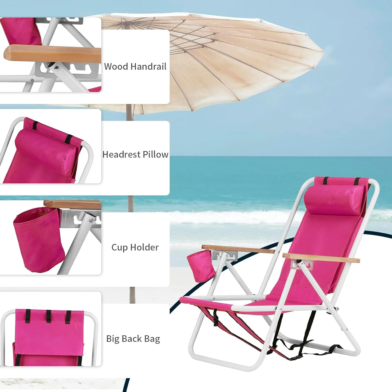 Folding Backpack Beach Chairs - 4 Position Reclining Camping Chairs with Headrest, Cup Holder & Wooden Armrests - Portable Heavy Duty Lounge Chairs for Adults (1, Pink)