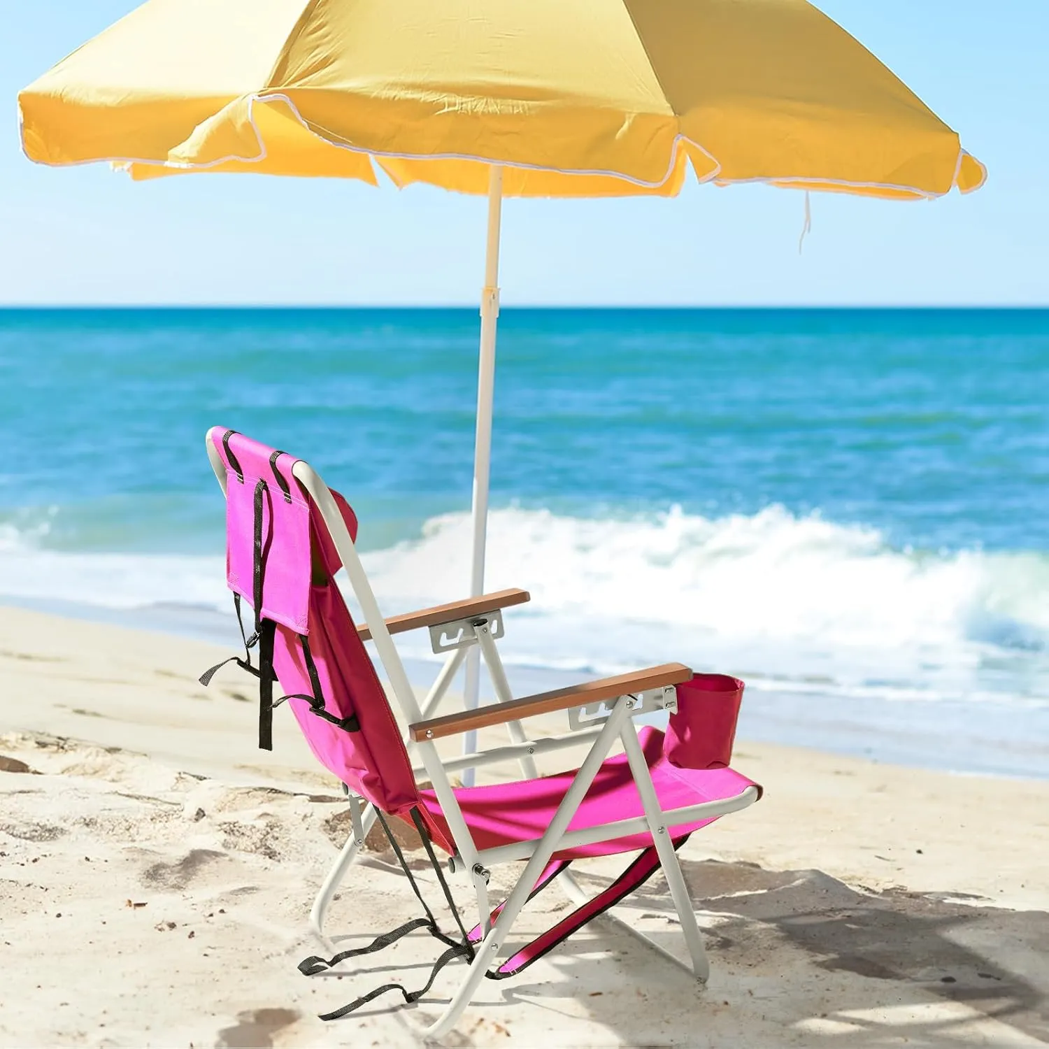 Folding Backpack Beach Chairs - 4 Position Reclining Camping Chairs with Headrest, Cup Holder & Wooden Armrests - Portable Heavy Duty Lounge Chairs for Adults (2, Pink)