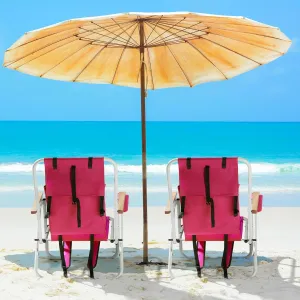Folding Backpack Beach Chairs - 4 Position Reclining Camping Chairs with Headrest, Cup Holder & Wooden Armrests - Portable Heavy Duty Lounge Chairs for Adults (2, Pink)