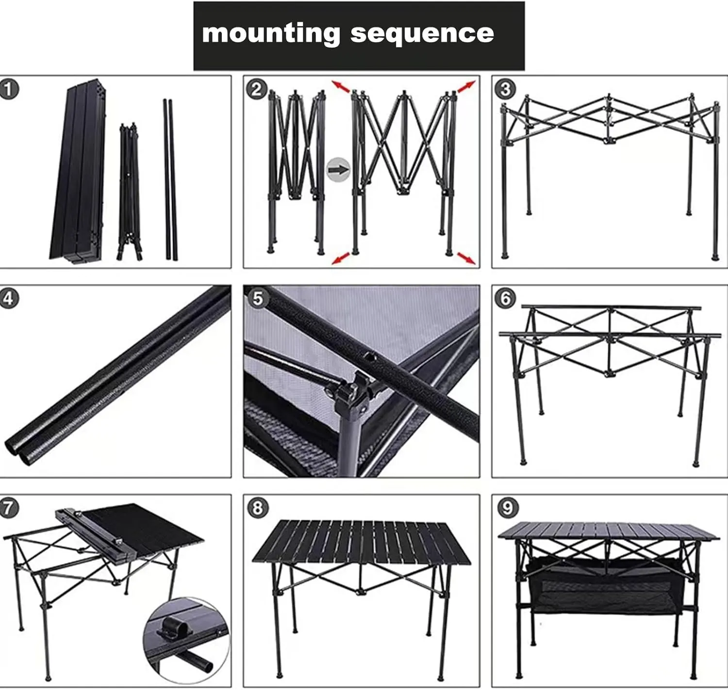 Folding Camping Table Portable Carbon Steel Folding Table, Lightweight Portable Camping Table, with Carrying Bag and Net Pockets, for Outdoor, Camping, Picnic(Black,53 * 50 * 80cm)