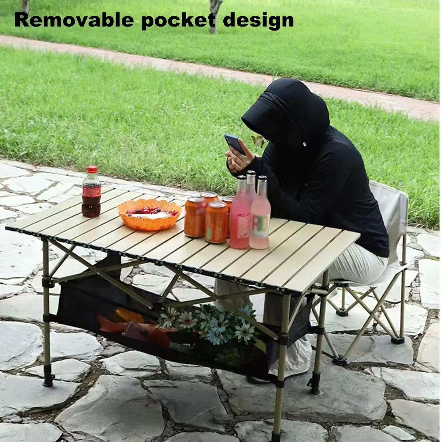 Folding Camping Table Portable Carbon Steel Folding Table, Lightweight Portable Camping Table, with Carrying Bag and Net Pockets, for Outdoor, Camping, Picnic(Black,53 * 50 * 80cm)