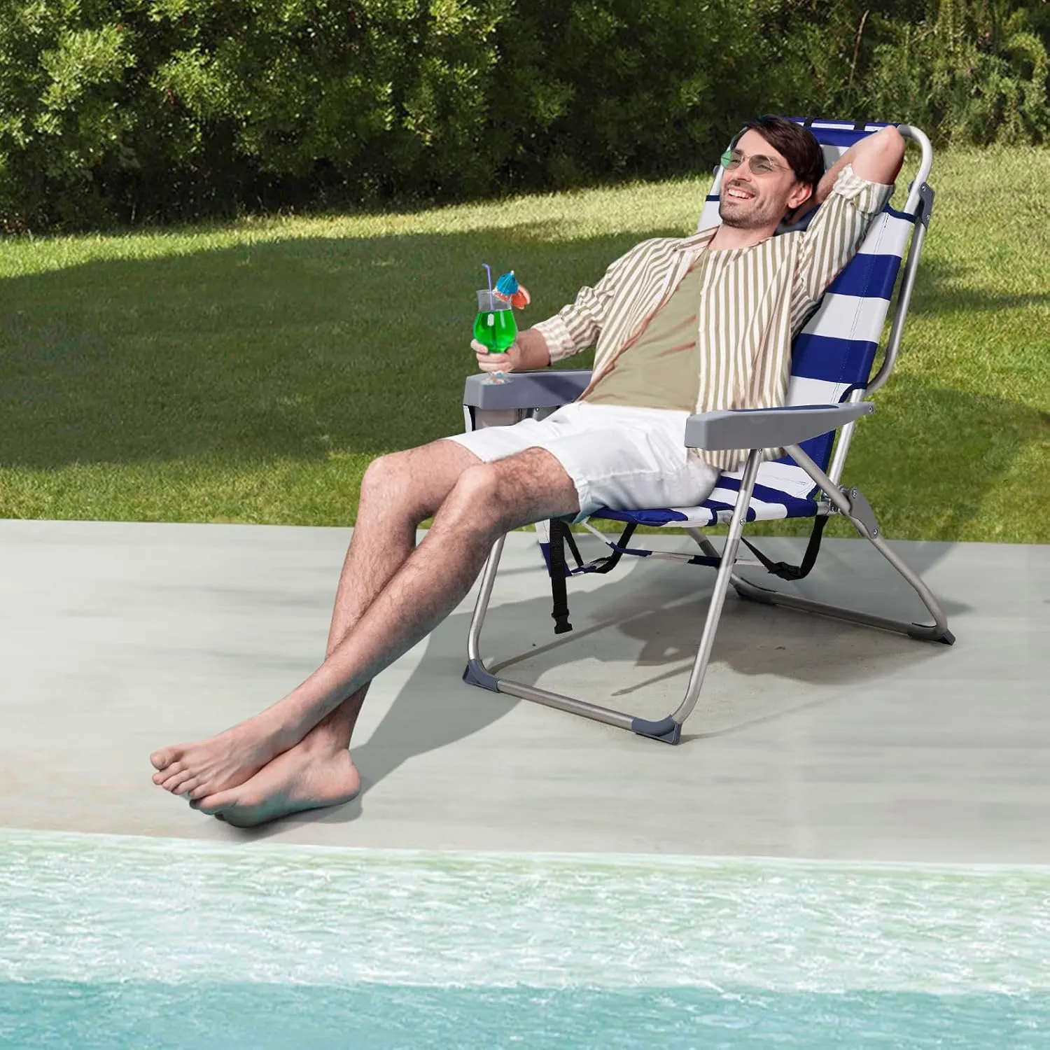 Folding Oversized Backpack Beach Chair 5-Position with Headrest & Cup Holder - Portable Aluminum Adjustable Reclining Camping Chair with Storage Bags, Lightweight & Compact, Dark Blue