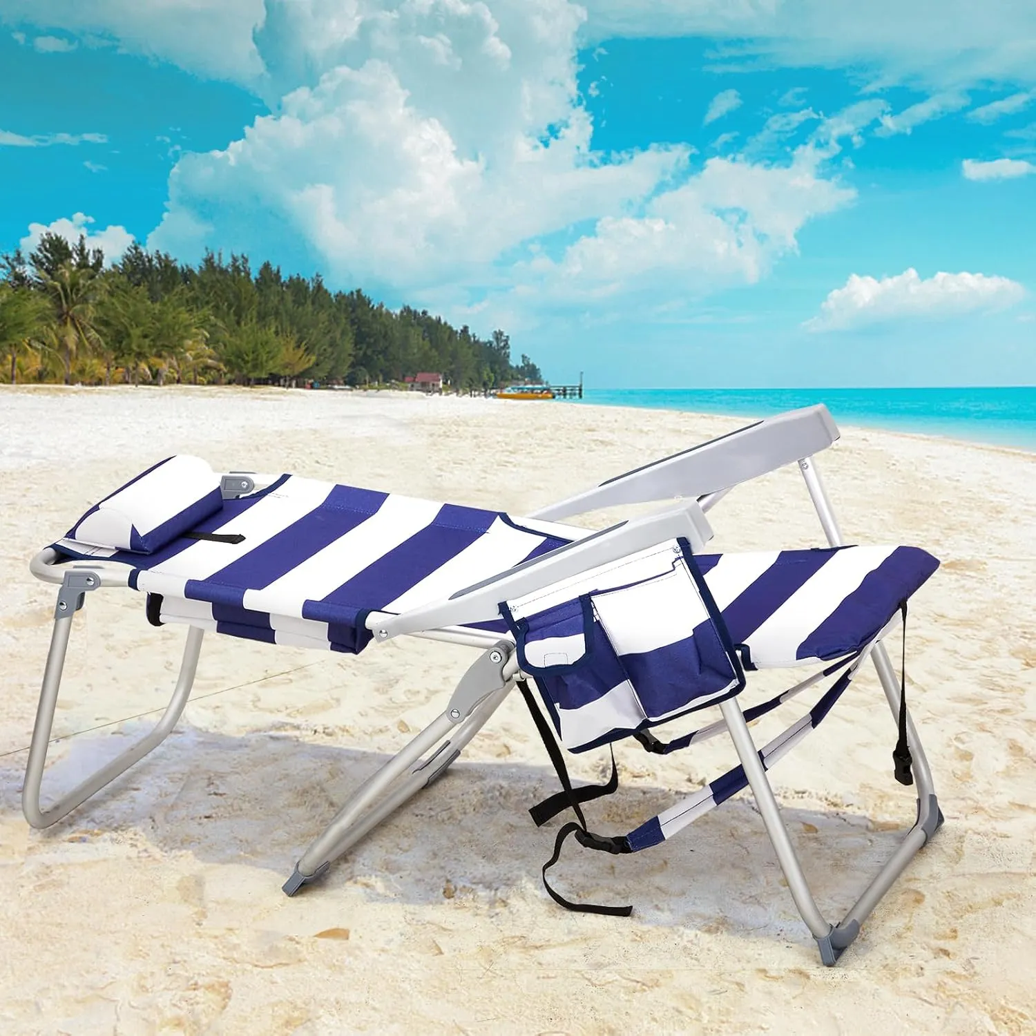 Folding Oversized Backpack Beach Chair 5-Position with Headrest & Cup Holder - Portable Aluminum Adjustable Reclining Camping Chair with Storage Bags, Lightweight & Compact, Dark Blue