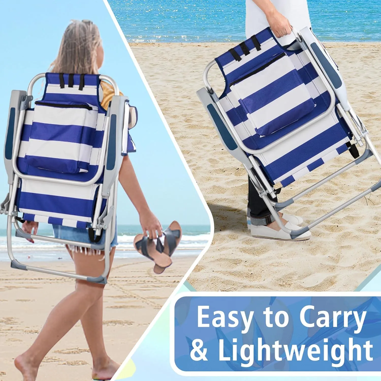 Folding Oversized Backpack Beach Chair 5-Position with Headrest & Cup Holder - Portable Aluminum Adjustable Reclining Camping Chair with Storage Bags, Lightweight & Compact, Dark Blue