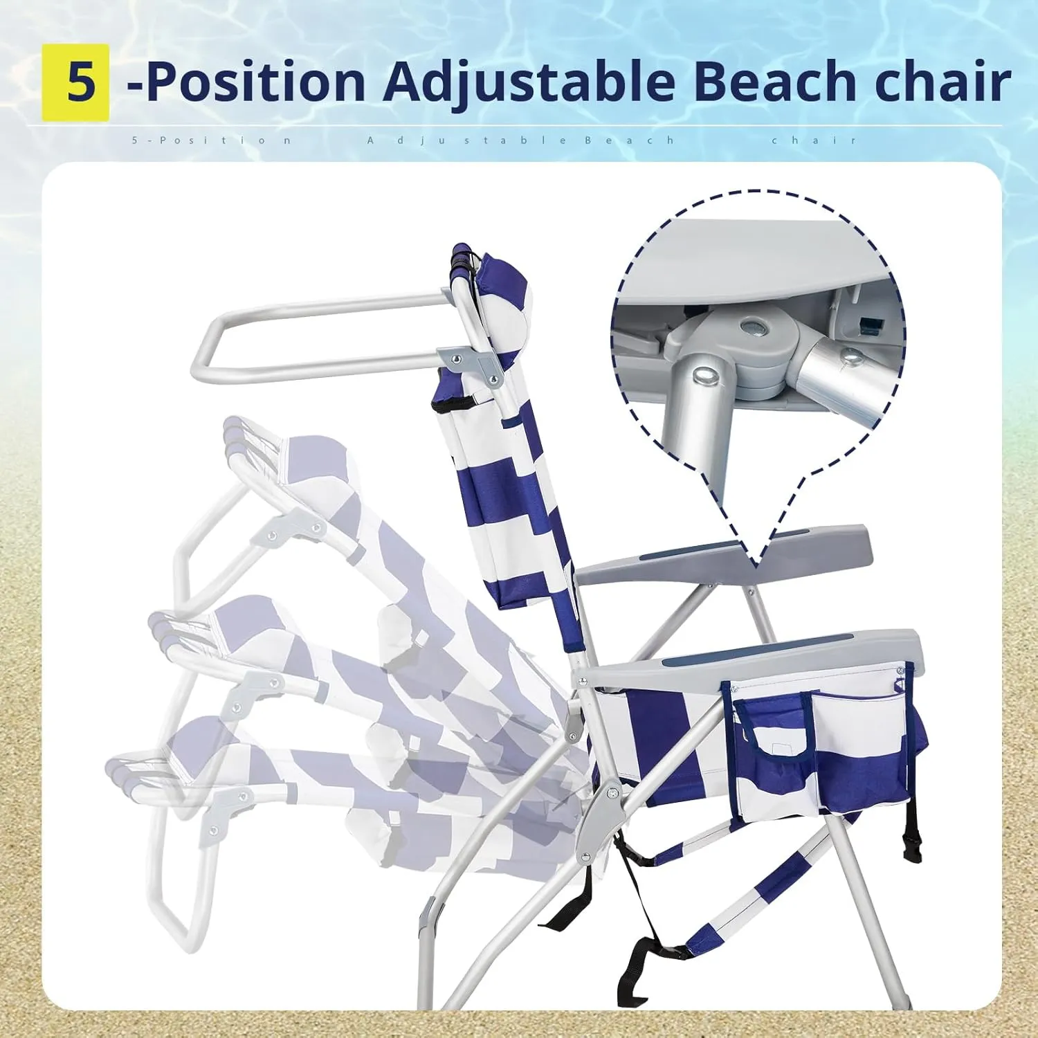 Folding Oversized Backpack Beach Chair 5-Position with Headrest & Cup Holder - Portable Aluminum Adjustable Reclining Camping Chair with Storage Bags, Lightweight & Compact, Dark Blue