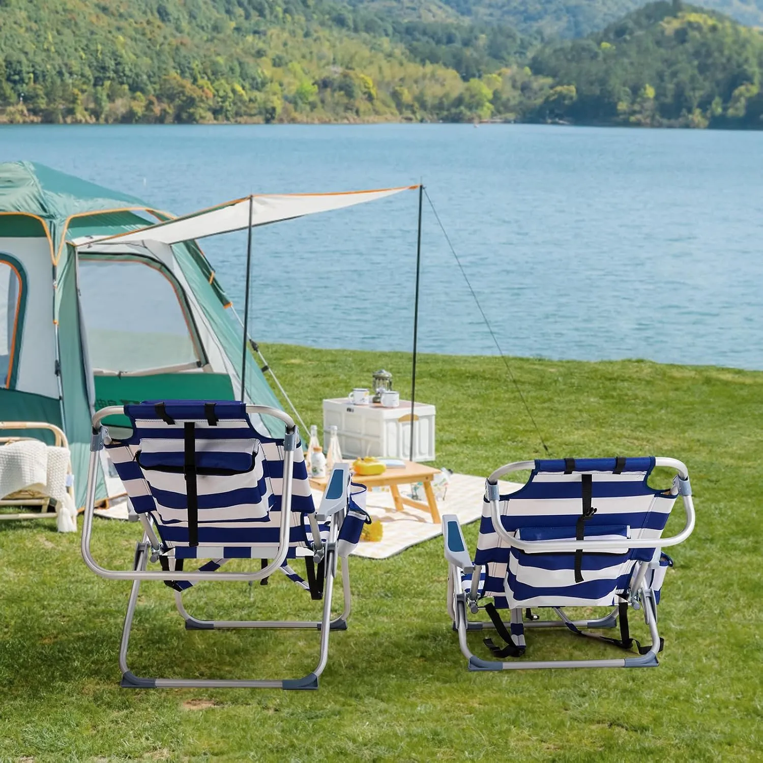 Folding Oversized Backpack Beach Chair 5-Position with Headrest & Cup Holder - Portable Aluminum Adjustable Reclining Camping Chair with Storage Bags, Lightweight & Compact, Dark Blue