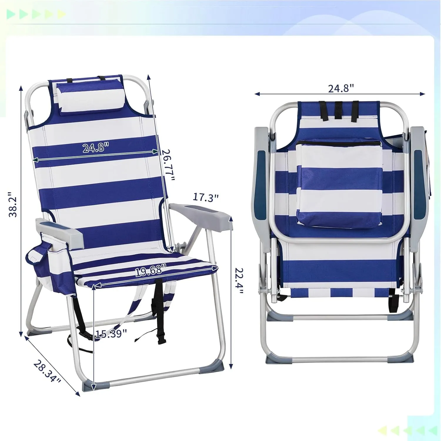 Folding Oversized Backpack Beach Chair 5-Position with Headrest & Cup Holder - Portable Aluminum Adjustable Reclining Camping Chair with Storage Bags, Lightweight & Compact, Dark Blue