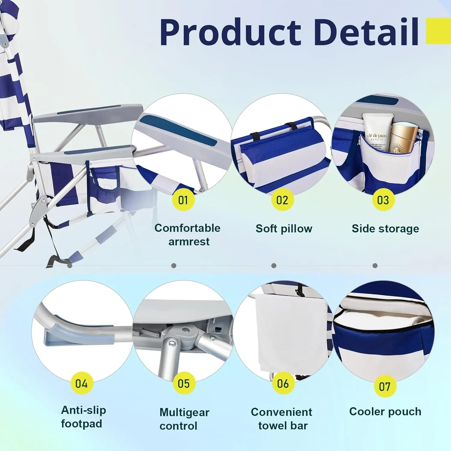 Folding Oversized Backpack Beach Chair 5-Position with Headrest & Cup Holder - Portable Aluminum Adjustable Reclining Camping Chair with Storage Bags, Lightweight & Compact, Dark Blue