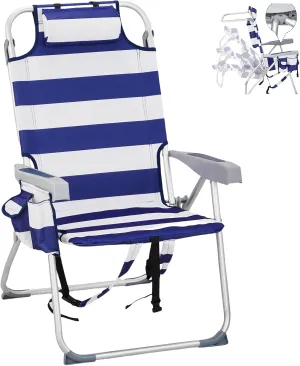Folding Oversized Backpack Beach Chair 5-Position with Headrest & Cup Holder - Portable Aluminum Adjustable Reclining Camping Chair with Storage Bags, Lightweight & Compact, Dark Blue