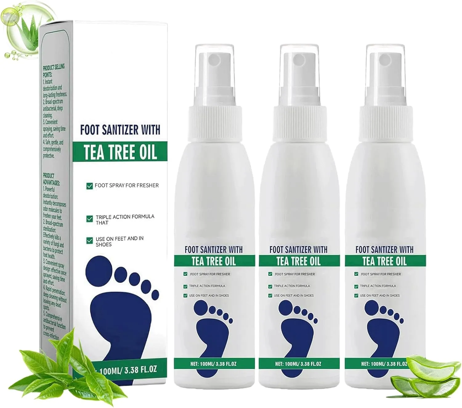 Foot Sanitizer Spray with Tea Tree Oil，Foot & Nail Sanitizer Spray with Tea Tree Oil,Contains Natural Tea Tree Oil and Aloe Vera, 3.38oz/Bottle (3pcs)