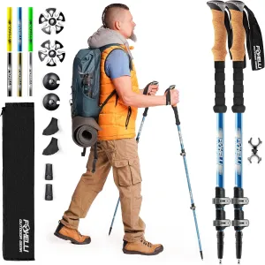 Foxelli Trekking Poles – Lightweight Collapsible Aircraft Grade Aluminum Hiking Poles with Cork Grips Quick Locks & All-Terrain Accessories – Pair of 2