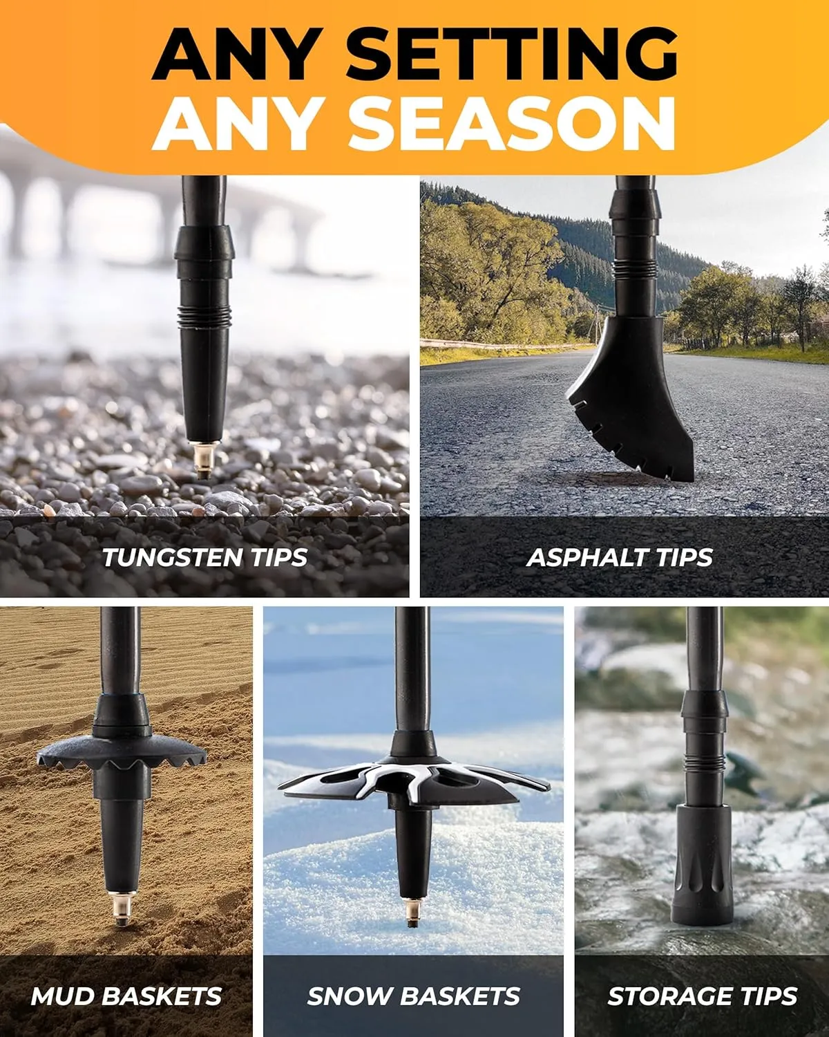 Foxelli Trekking Poles – Lightweight Collapsible Aircraft Grade Aluminum Hiking Poles with Cork Grips Quick Locks & All-Terrain Accessories – Pair of 2