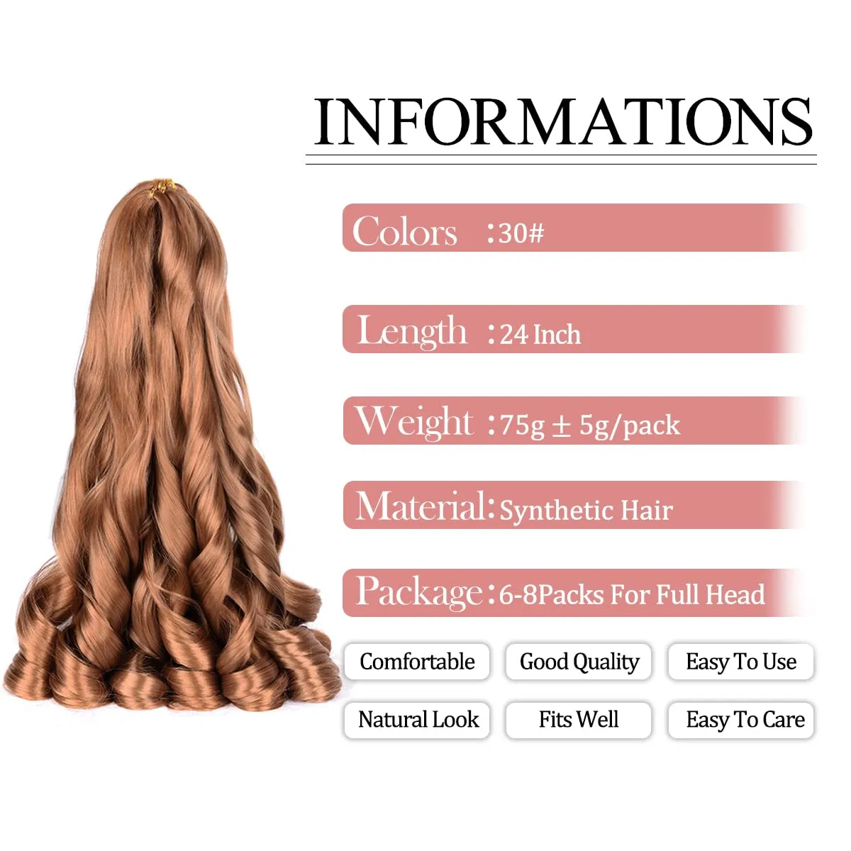 French Curl Braiding Hair 8packs Loose Wavy 30# Pre Stretched Synthetic Spiral Curly Crochet Braiding Hair 24 inch Synthetic 75g/pack French Curly Crochet Hair (24inch,8packs,30#)