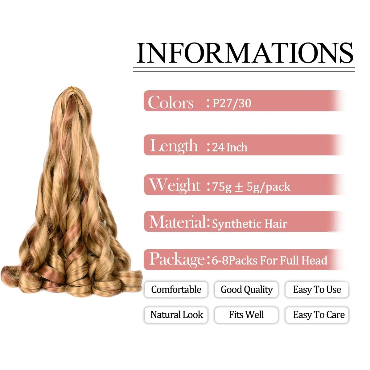 French Curly Braiding Hair for Box Braids P27/30 Loose Wave Braiding Hair 8 Packs 24 Inch 75G/Pack Spanish Curly Synthetic Spiral Curl Silky Braiding Hair Extensions (24 Inch,8 Packs,P27/30)