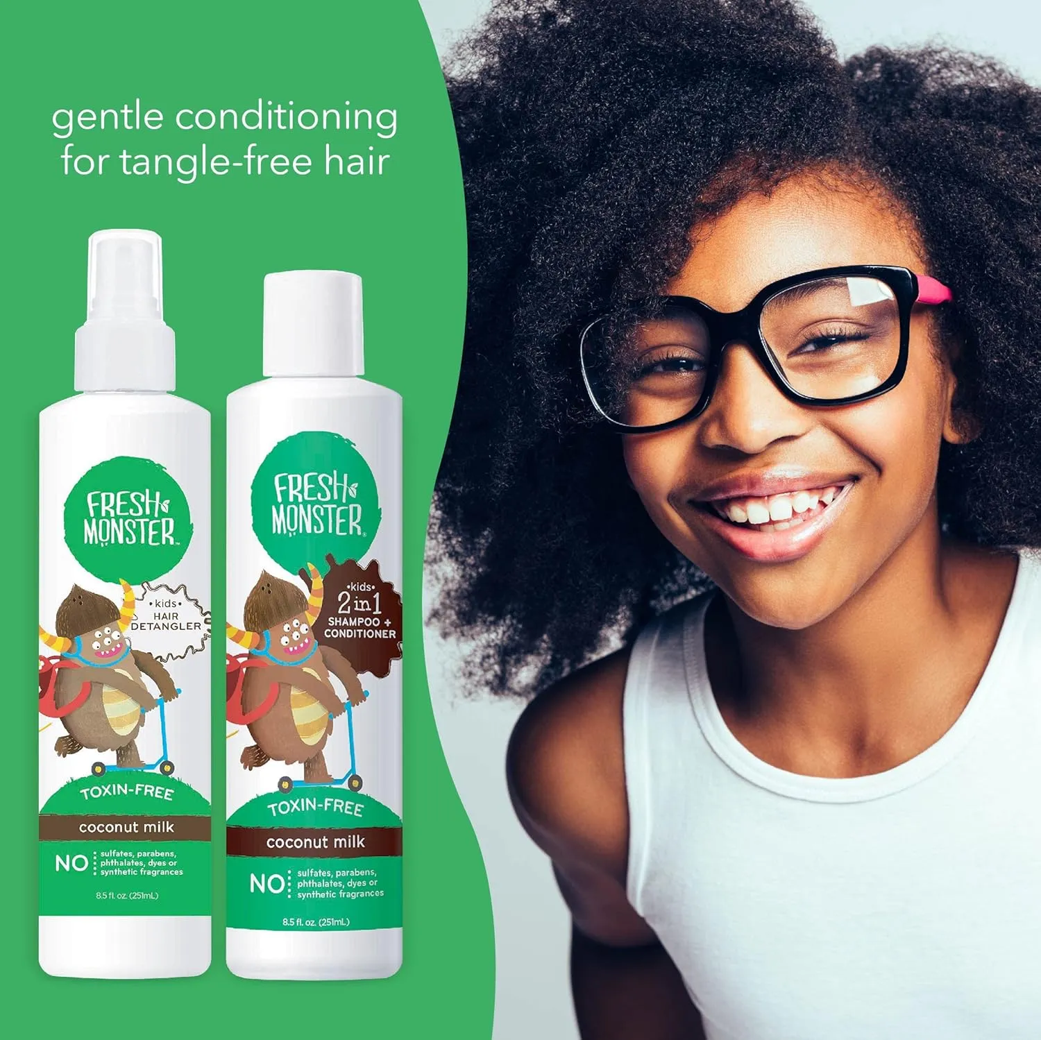 Fresh Monster Hair Detangler Spray & 2-in-1 Shampoo & Conditioner, Coconut, Toxin-Free, Hypoallergenic & Natural (8.5 oz each)