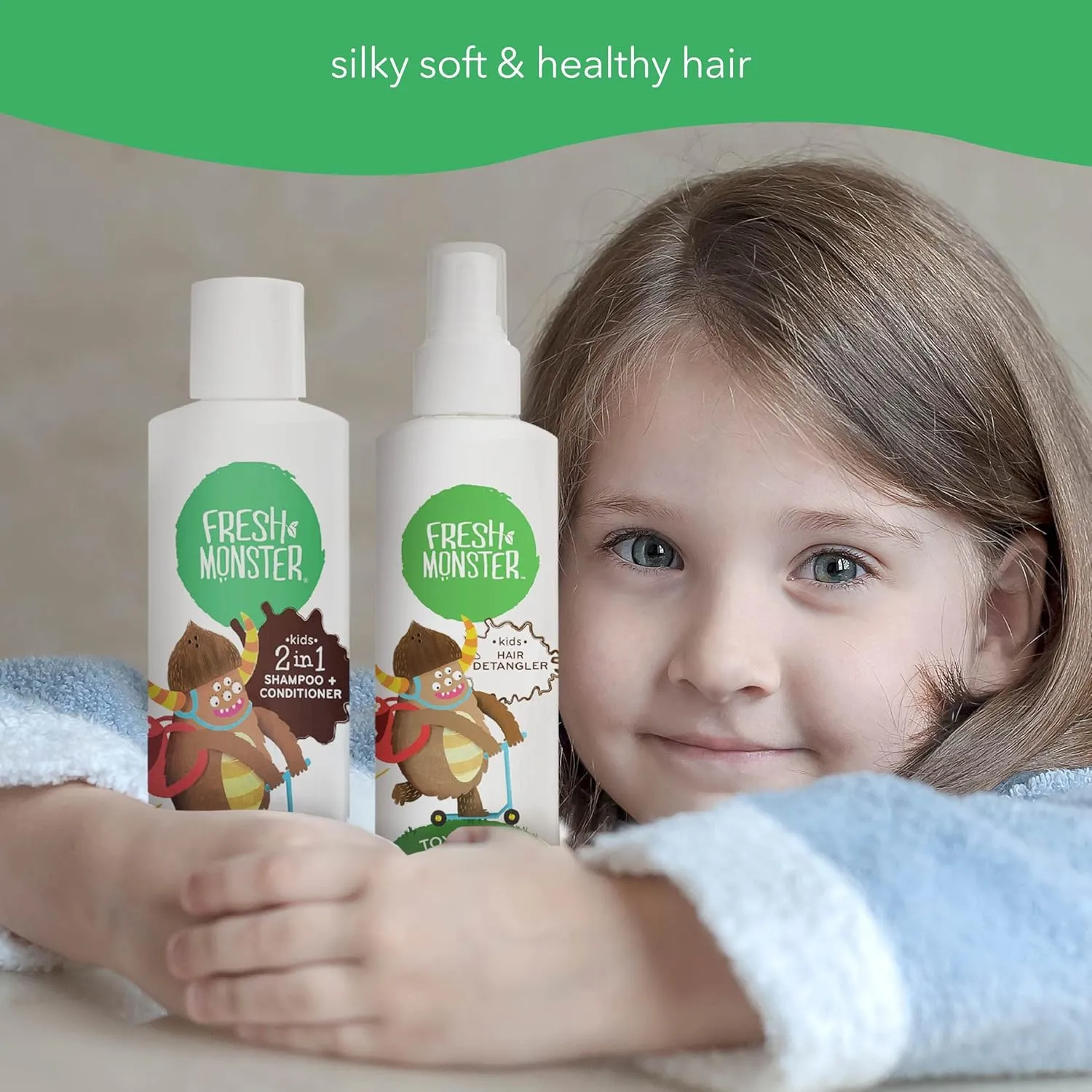 Fresh Monster Hair Detangler Spray & 2-in-1 Shampoo & Conditioner, Coconut, Toxin-Free, Hypoallergenic & Natural (8.5 oz each)