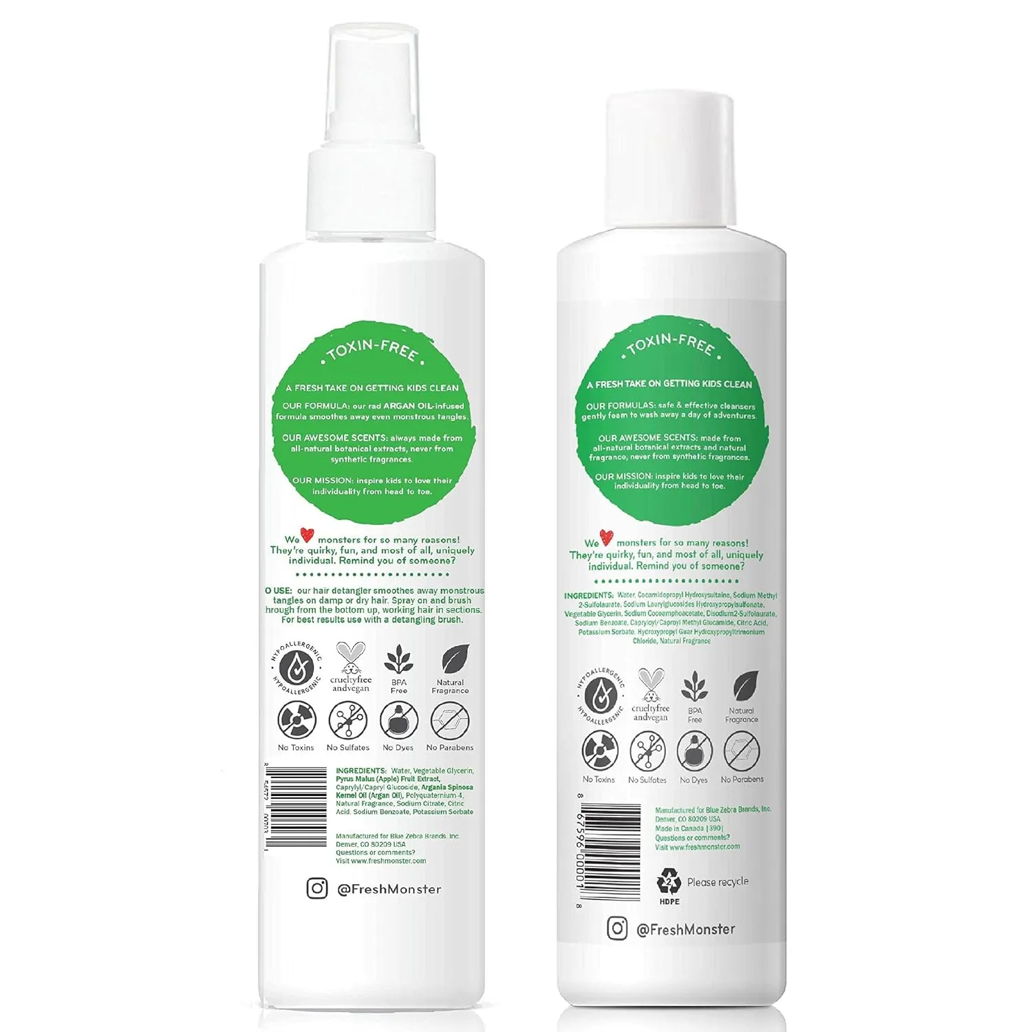 Fresh Monster Hair Detangler Spray & 2-in-1 Shampoo & Conditioner, Coconut, Toxin-Free, Hypoallergenic & Natural (8.5 oz each)