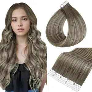 Full Shine Invisible Tape in Hair Extensions Balayage Brown and Blonde 7/1000/7 Seamless Hair Extensions Tape in Straight Tape in Human Hair Extensions 22 Inch 50G Skin Weft Tapes Extensions 20 Pcs