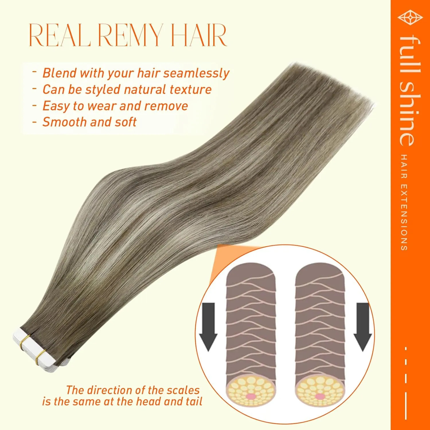 Full Shine Invisible Tape in Hair Extensions Balayage Brown and Blonde 7/1000/7 Seamless Hair Extensions Tape in Straight Tape in Human Hair Extensions 22 Inch 50G Skin Weft Tapes Extensions 20 Pcs