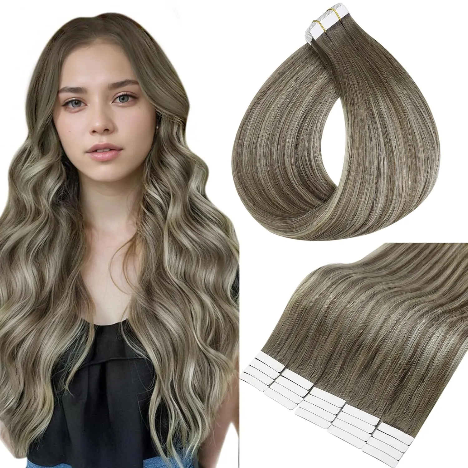 Full Shine Invisible Tape in Hair Extensions Balayage Brown and Blonde 7/1000/7 Seamless Hair Extensions Tape in Straight Tape in Human Hair Extensions 22 Inch 50G Skin Weft Tapes Extensions 20 Pcs