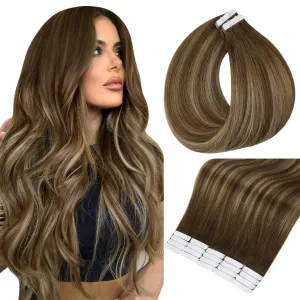 Full Shine Invisible Tape in Hair Extensions Human Hair 18 Inch Tape ins Brown Extensions Color 4/24/4 Balayage Hair Extensions Real Human Hair Seamless Tape ins Human Hair Extension 50Gram 20Pcs